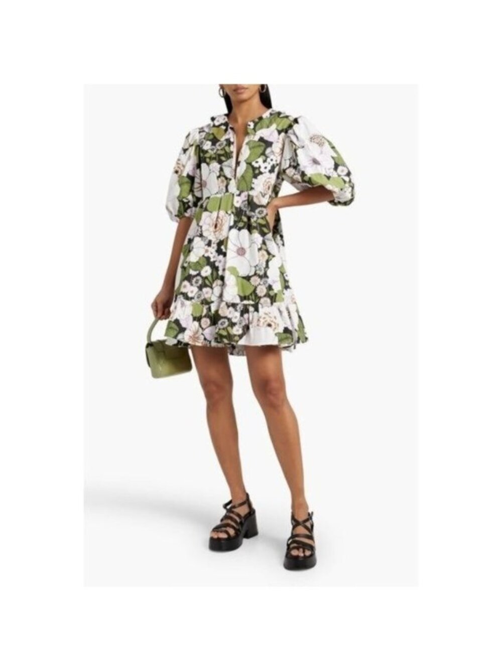 Maje Rafleur Puff Sleeve Floral Poplin Mini Dress 34 Neutral XS Ruffle Vneck